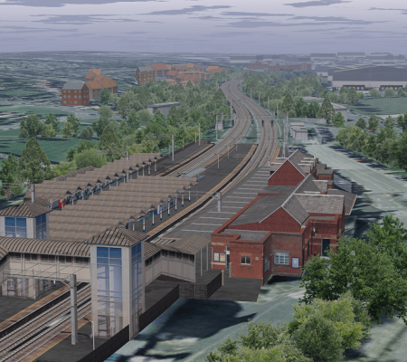 Simulated virtual model of a train station and surrounding area